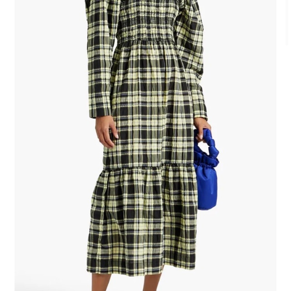 Ganni Plaid Midi Dress in Black and Cream